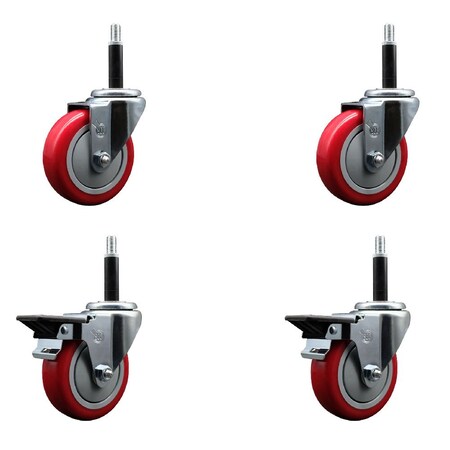 Service Caster 4'' Red Poly Wheel Swivel 3/4'' Expanding Stem Caster Set 2 Brakes, 4PK SCC-EX20S414-PPUB-RED-2-PLB-2-34